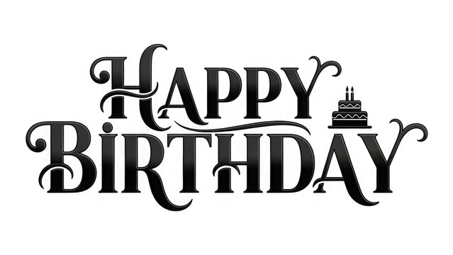 Happy birthday greeting with cake and decorative text on transparent background