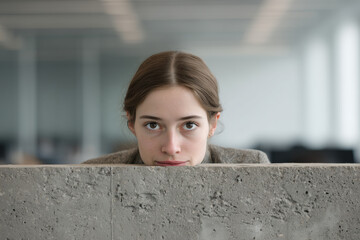 Businesswoman peeking over office partition with curious expression