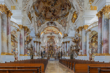 The richly decorated interior of the abbey church in Zwiefalten, a former Benedictine monastery