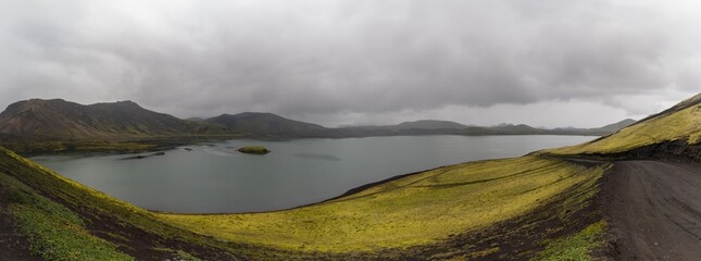 panorama landscape of the Frostastadhavatn Lake in the Highlands of Iceland near Landmannalaugar