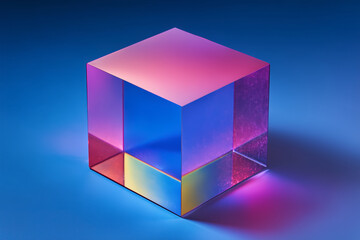 Vibrant holographic cube with colorful gradient reflections on blue background