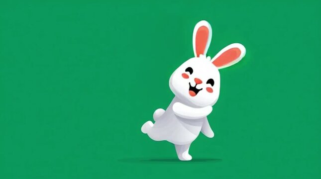 A cheerful cartoon rabbit performing a happy dance on a green background with a playful mood.