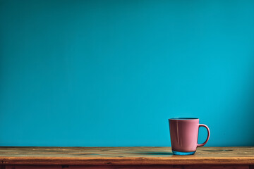 Pink coffee mug on rustic wooden table against vibrant blue background