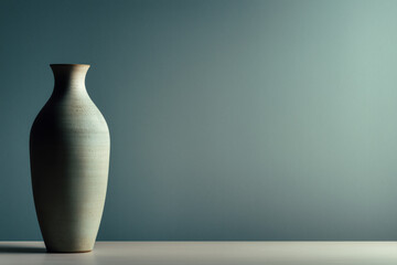 Elegant ceramic vase on modern table against soothing blue background