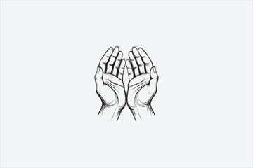 Praying hands line art illustration, black and white outline, religious faith concept, prayer, worship, hope, charity, spiritual symbol, minimalist hand drawing. Vector illustration.