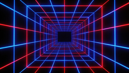 A 3D retro-futuristic tunnel with neon blue and red grid lines, creating a vibrant abstract space illusion, ideal for digital art and sci-fi backgrounds.