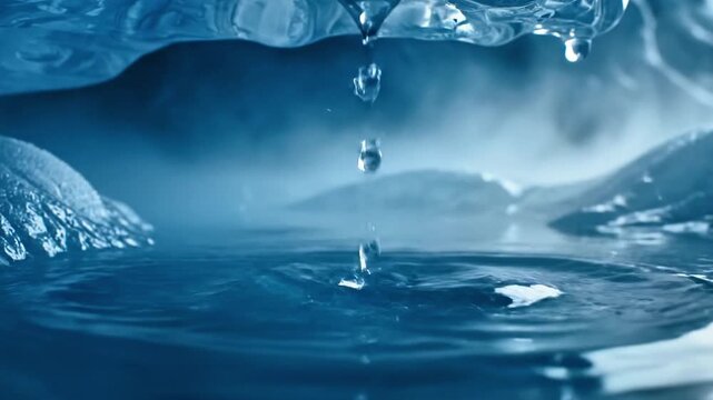 A close-up of a single drop of water falling from melting ice into a pool of water