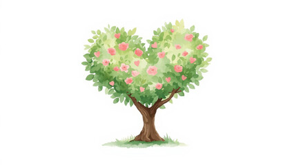 Heart tree green foliage pink flower romantic nature spring garden love symbol illustration cute watercolor style drawing fantasy plant design isolated on white background