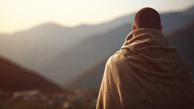 Man, a tibetan monk, in traditional robe looking at distant mountains. Spiritual journey and introspection with vast scenic landscape. Tranquility and meditation.