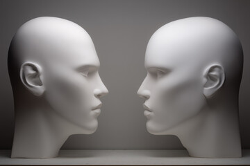 Two white mannequin heads facing each other in close proximity