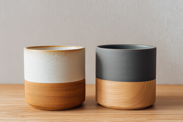 Two modern ceramic cups on wooden table with white and brown colors