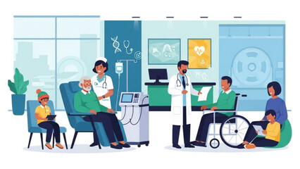 A doctor and nurse attend to patients in a hospital setting with family members by their side in a clinical waiting room environment with care