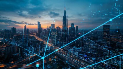 Elevated view of an urban skyline interconnected by digital blue lines at dusk, depicting advanced technology and networking in metropolitan environments. - Powered by Adobe