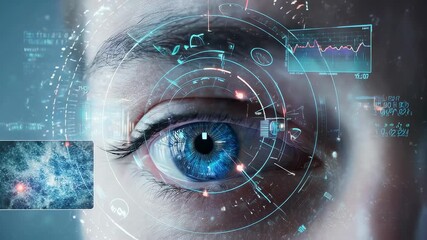 technician adjusts augmented reality eye interface with holographic overlay during calibration test - Powered by Adobe