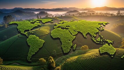 Green world map over hills at golden sunrise