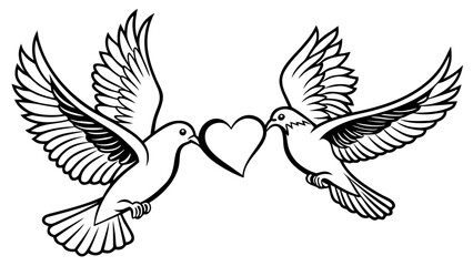 Obraz premium Black and white vector illustration of two doves facing each other with beaks touching a heart, symbolizing love, romance, and unity.