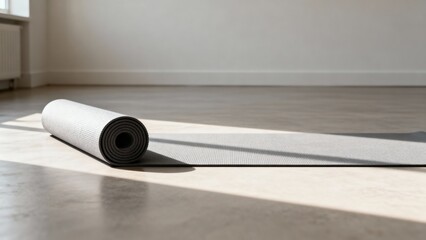 Rolled yoga mat with calm mood representing Health and body Self-care Rest and recovery Physical health no medicine against minimalist interior background with copy space