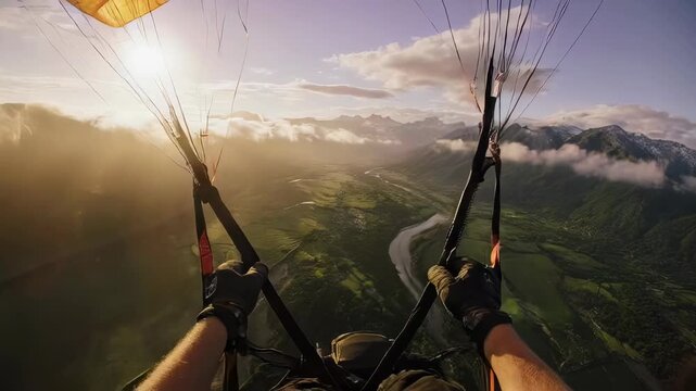 First person view of paragliding over mountain valley at sunset