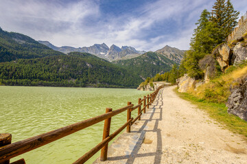 CERESOLE REALE, ITALY, SEPTEMBER 11, 2024 - View of the Ceresole lake in Ceresole Reale, province of Turin, Piedmont, Italy
