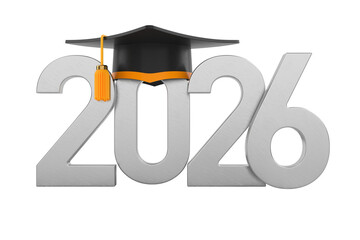 2026 year and graduation cap on white background. Isolated 3D illustration
