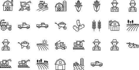 Agriculture line icons set, farming equipment, crops, farmers, tractors, barns, harvest tools, rural landscape, agribusiness illustration collection ©  jahanara