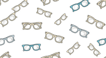 Seamless pattern featuring various styles and colors of eyeglasses on a clean white background for optics or fashion design.