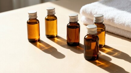 Amber glass bottles with soothing mood representing Health and body Self-care Rest and recovery Physical health no medicine against sunlit background with copy space