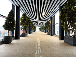 Light corridor interior lined with glass windows features tiled floor and special panels for people with disabilities indicating direction. Tactile tiles for blind person