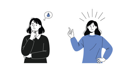 Two panels showing a woman thinking about a water drop and then pointing up as she discovers a solution or a bright idea.