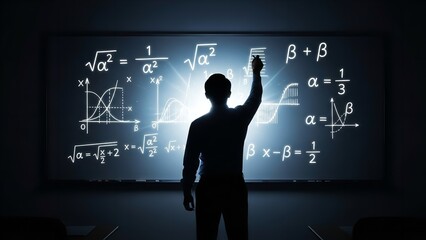 Silhouette of a person illuminated by bright light, drawing complex mathematical equations on a dark blackboard.
