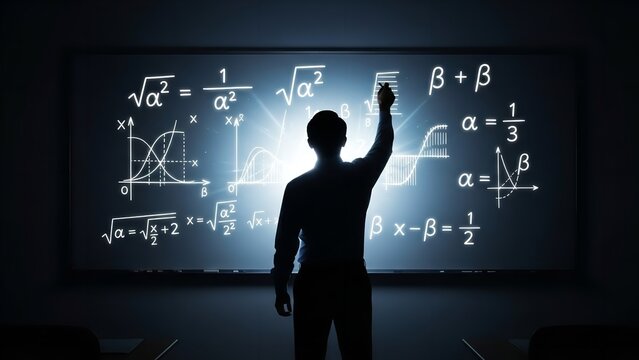 Silhouette of a person illuminated by bright light, drawing complex mathematical equations on a dark blackboard. - Powered by Adobe
