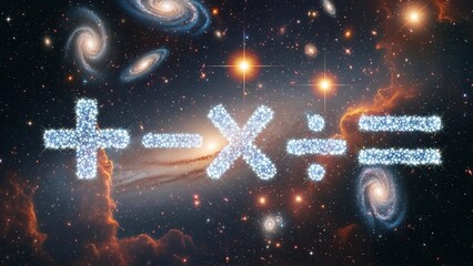 Mathematical symbols sparkle amidst a cosmic galaxy, representing the universe's vast calculations and infinite possibilities.