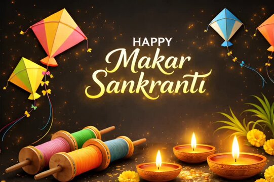 Happy Makar Sankranti Black Background with Colorful Kites and Diyas,Luxury Makar Sankranti Celebration Banner with Kites and Spools,Generative ai