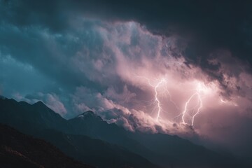 Lightning bolts illuminating dark night sky over mountain range during severe weather
