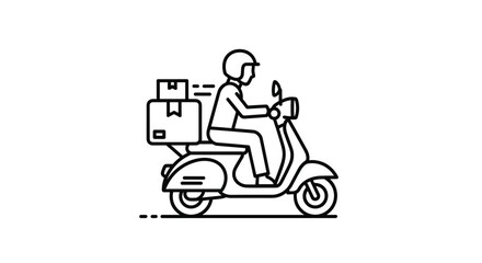 Simple black and white line art icon of a delivery courier riding a motor scooter with packages stacked on the back for fast shipping.