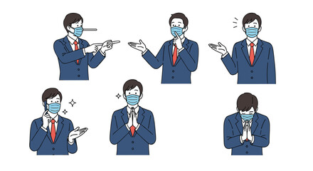 Comprehensive set of illustrations showing a professional businessman in a mask with various helpful gestures.