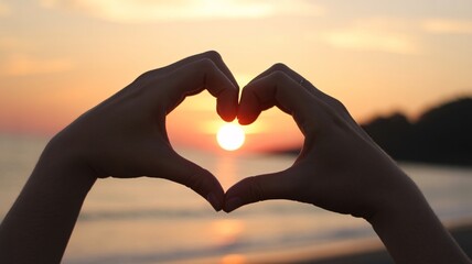 Hands forming heart shape at sunset over serene ocean with warm golden light with love and romance and peaceful and water
