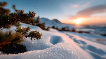 Close up of pine branch in snow at sunset, winter mountain landscape with beautiful bokeh and golden hour sunlight.