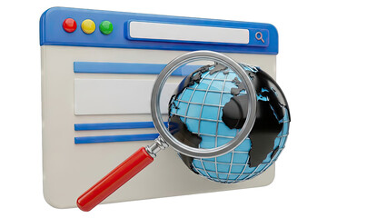 Search Engine Concept: Magnifying Glass Over Globe on Browser Interface