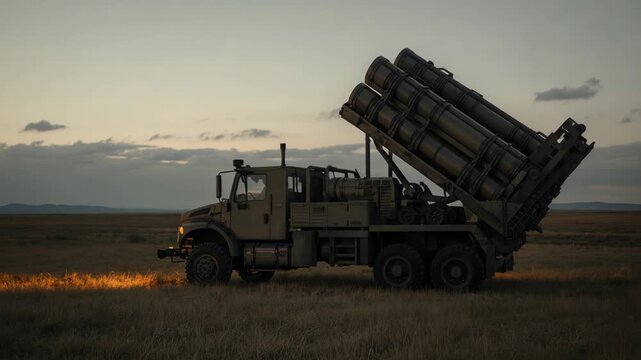 Military rocket launcher truck parked in open field during golden hour sunset