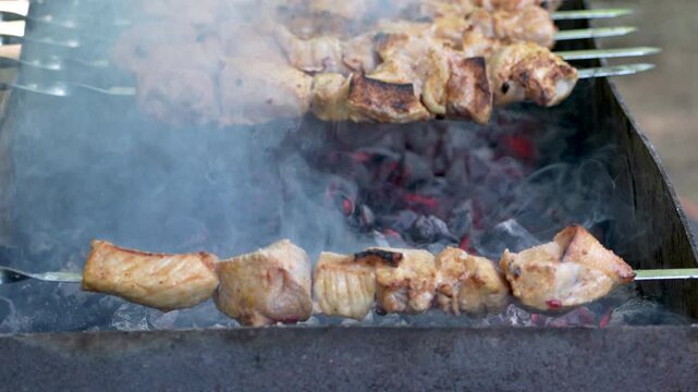 Traditional georgian mtsvadi, grill on the coals with smoke. Shashlik, barbecue