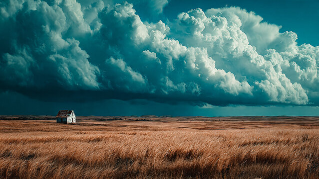 Cabane dans la campagne sous un ciel d'orage