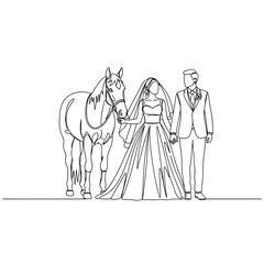 Fototapeta premium Bride and groom pose with elegant horse, her gown and veil flowing gracefully beside stallion. The loving couple shares joyful moment with horse, evoking romance, tradition, rustic charm