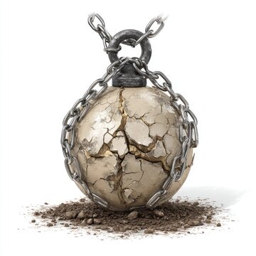 Cracked ball with chains rests on dirt