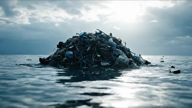 Plastic pollution forms garbage island floating in ocean water. Waste pollutes ocean with plastic debris underwater. Pollution island shows plastic garbage disaster. Ocean waste floats as pollution.