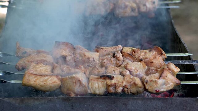 Traditional georgian mtsvadi, grill on the coals with smoke. Shashlik, barbecue