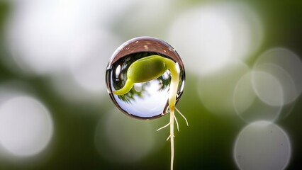 Tiny seedling with roots emerges through a water droplet, symbolizing new beginnings and growth.