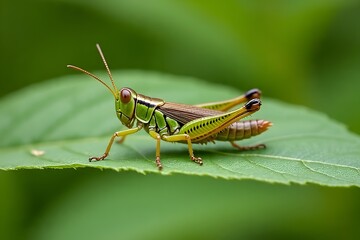 Detailed Macro of a Green and Brown Grasshopper on a Leaf