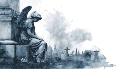 Mourning Angel Statue in Cemetery Watercolor Illustration