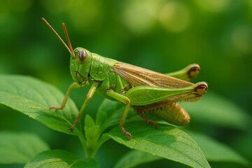 Fototapeta premium Macro Shot of a Vibrant Green Grasshopper on a Leaf